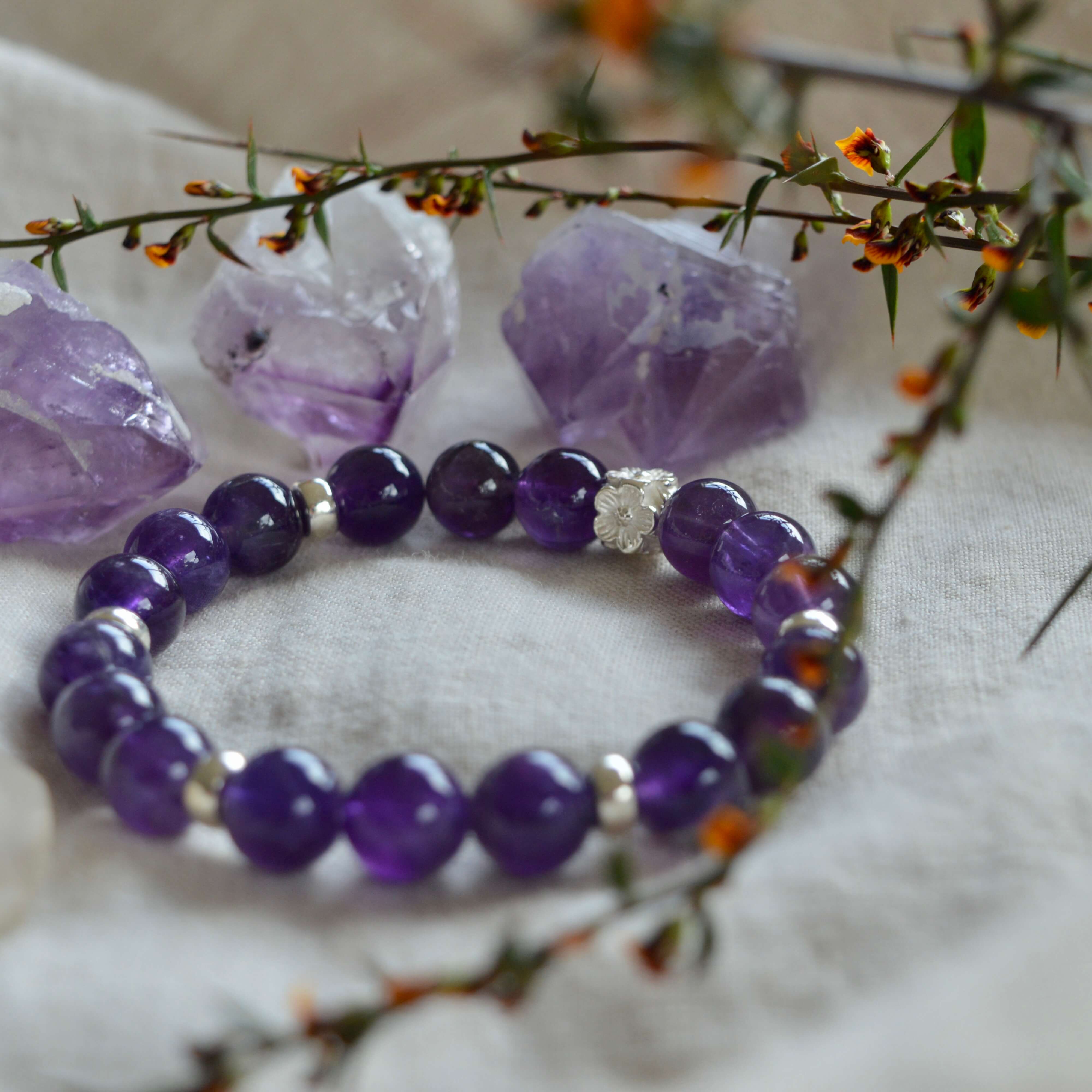 AMETHYST & STERLING SILVER BEADED BRACELET-