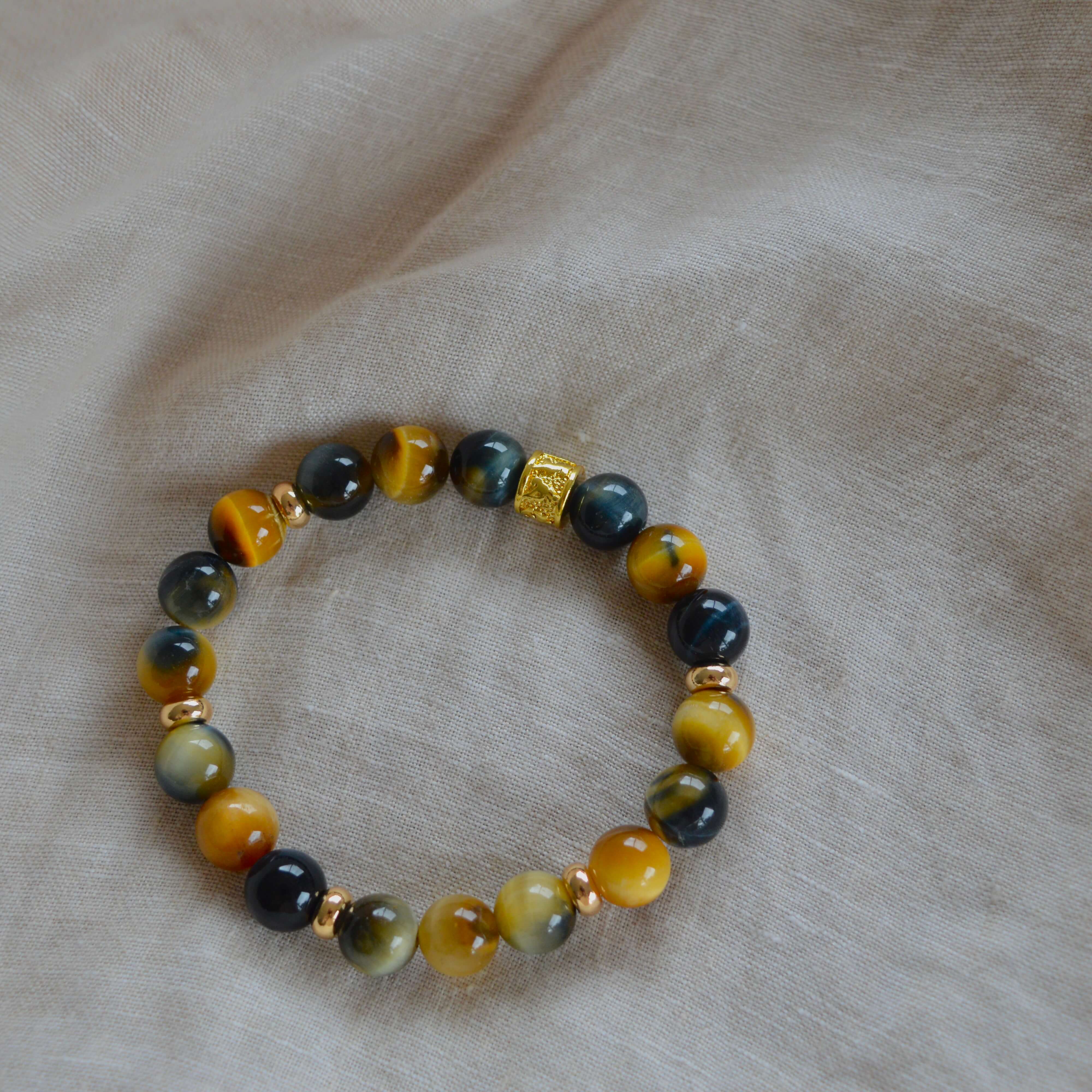 YELLOW & BLUE TIGERS EYE-  GOLD BEADED BRACELET - HALCYON COLLECTION