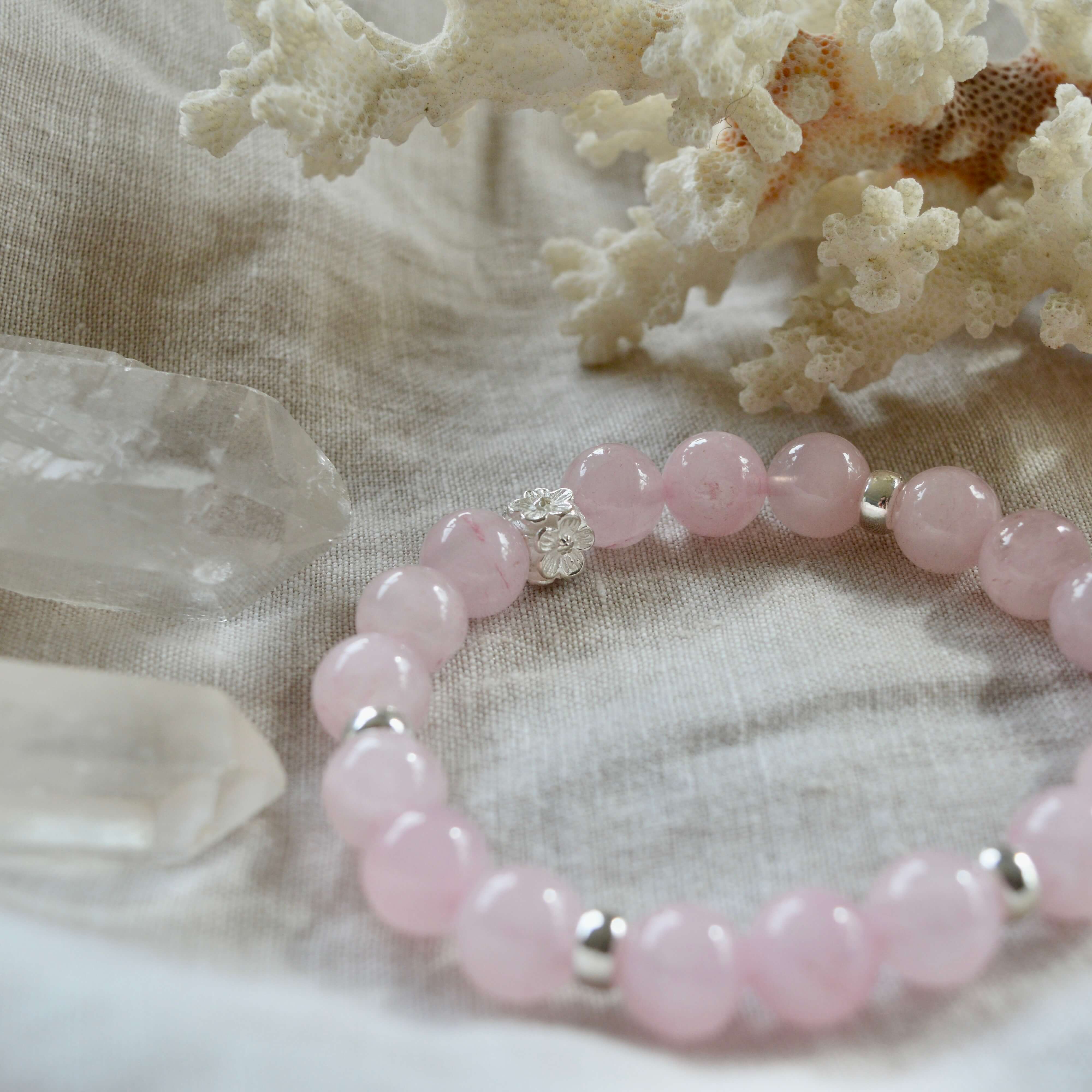 ROSE QUARTZ & STERLING SILVER BEADED BRACELET-